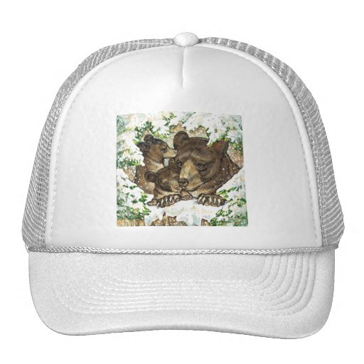 Winter Wildlife Art Black Bear Mother and Cubs Hats