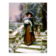 Winter Woman Collie Dog Victorian Hand Muff Postcard