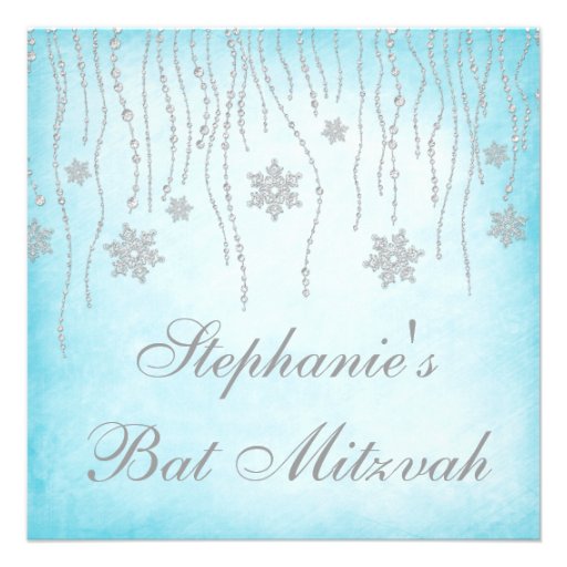 Winter Wonderland Diamond Snowflakes Bat Mitzvah Personalized Invites (front side)