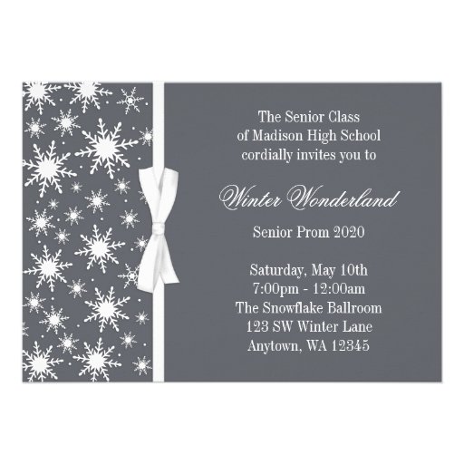 Winter Wonderland Gray Snowflakes Bow Prom Custom Invitations