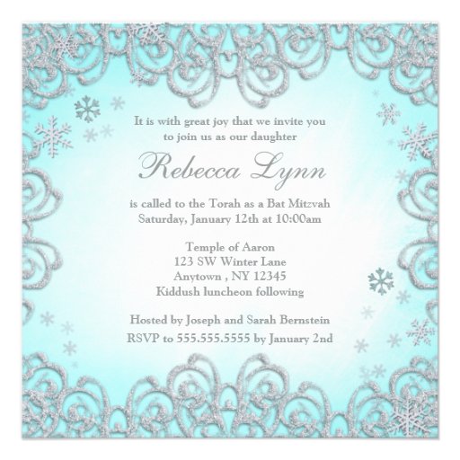 Winter Wonderland Swirl Snowflakes Bat Mitzvah Personalized Announcement