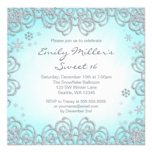 Winter Wonderland Swirl Snowflakes Sweet 16 Custom Invitations