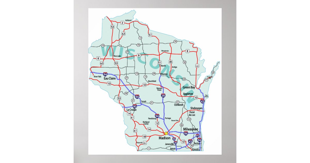 Wisconsin Interstate Map Print | Zazzle
