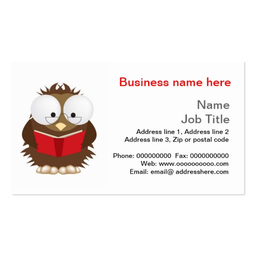 Wise owl reading book stationery business cards (front side)