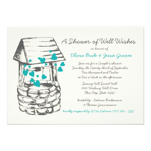 Wishing Well Couples Shower Turquoise Hearts Personalized Invite