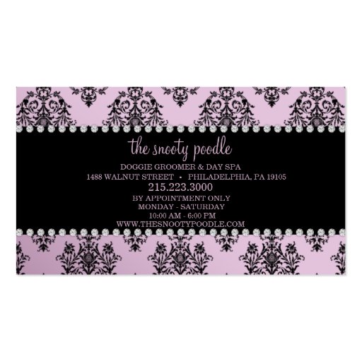 Wisteria Purple Jeweled Damask Dog Grooming/Spa Business Card Template (back side)