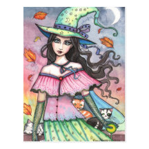 Witch and 3 Cats Postcard by Molly Harrison