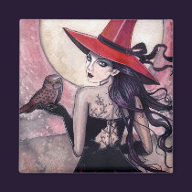 Witch and Owl Fantasy Art Magnet magnets