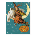 Witch And Owl On The Moon Vintage Postcard