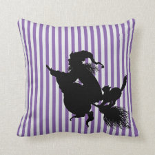 Witch Broomstick and Cat on Purple Stripes Pillow