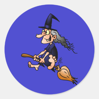 Witch on a broom classic round sticker