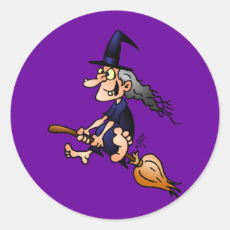 Witch on a broom classic round sticker