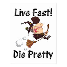 witch on broom with text postcards