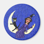 Witch On Crescent Moon Black Cat Magnets