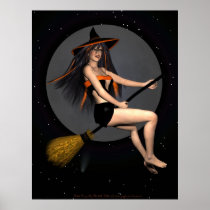 happy, halloween, witch, broom, hat, moon, pin-up, girl, sexy, hot, fantasies, fantasy, realism, fly, Poster with custom graphic design