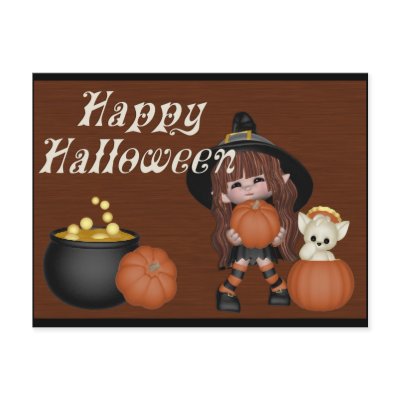Witch, Pumpkins, Cat & Cauldron Happy Halloween postcards