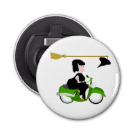 Witch Riding A Green Moped Button Bottle Opener