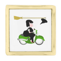 Witch Riding A Green Moped Gold Finish Lapel Pin