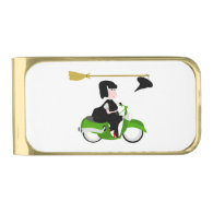 Witch Riding A Green Moped Gold Finish Money Clip