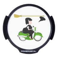 Witch Riding A Green Moped LED Car Window Decal
