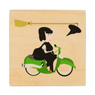 Witch Riding A Green Moped Maple Wood Coaster