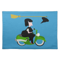 Witch Riding A Green Moped Place Mats