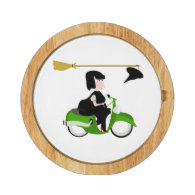 Witch Riding A Green Moped Round Cheese Board