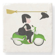 Witch Riding A Green Moped Stone Coaster