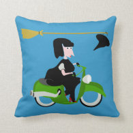 Witch Riding A Green Moped Throw Pillows