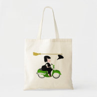 Witch Riding A Green Moped Tote Bags