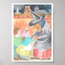 Witch with Children Watercolor Print