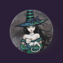 Witch with White Cat Pinback Button buttons