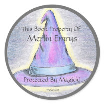 Witch Wizard Hat Bookplate Gray Border (Lg.) Sticker