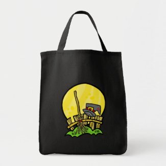witches broom and hat tote bags