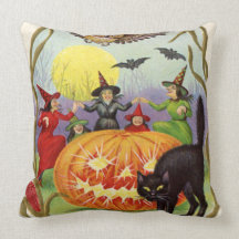 Witches Dancing Around Jack O' Lantern Pillow