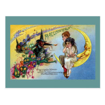 Witches, Goblins & Man in the Moon Halloween Postcard