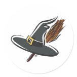 Witches hat & broom round sticker