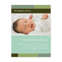 With Joy Green/Aqua • Baby Announcement postcards