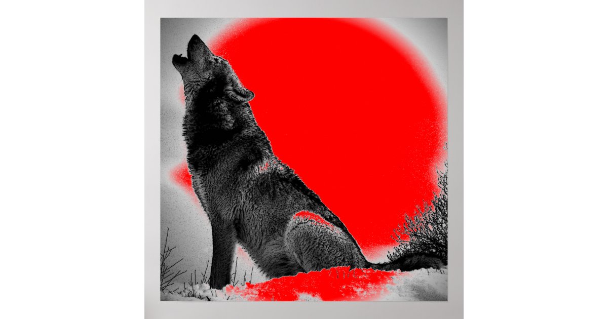 wolf howling at moon red pop art poster zazzle birthday cards invites