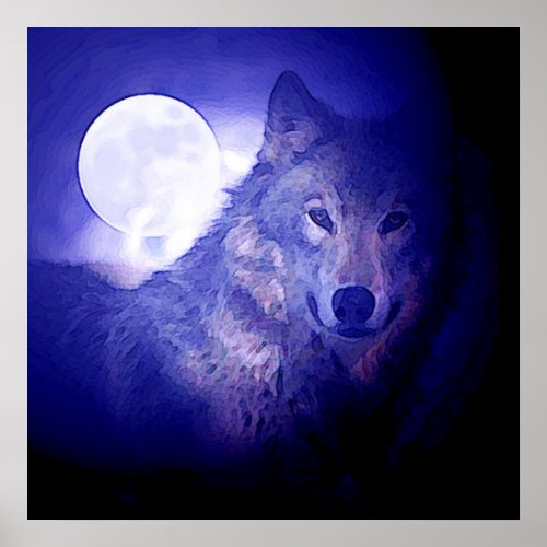 Wolf & Moon Square Poster Print Blue Night Wolves print