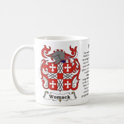 Womack Family Coat of Arms Mug by NemethArt. Womack Family Crest including the History and Meaning of the Womack name on a ceramic mug.