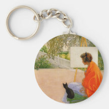 Woman and Cat Looking at Bridge Key Chains