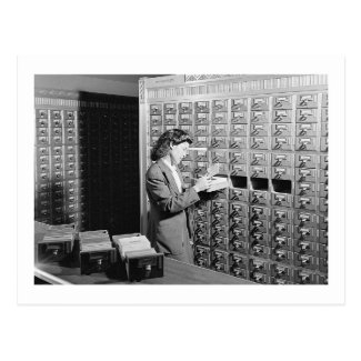 Woman and Library Card Catalog Vintage Postcard