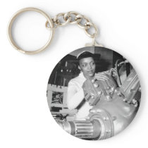 Woman Factory Worker with Aircraft Engine Keychain