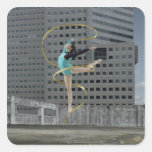 Woman gymnast outdoors on rooftop jumping in air square stickers