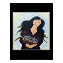 Woman Holding Fish in a Bowl. On Black. Postcards