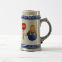 Woman holding help sign mugs
