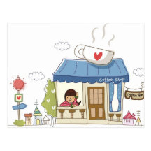 Woman in a coffee shop postcard