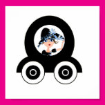 Woman in Blue in Cartoon Car Poster