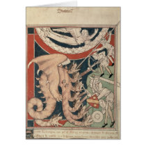 Woman in cloud above five men fighting greeting card